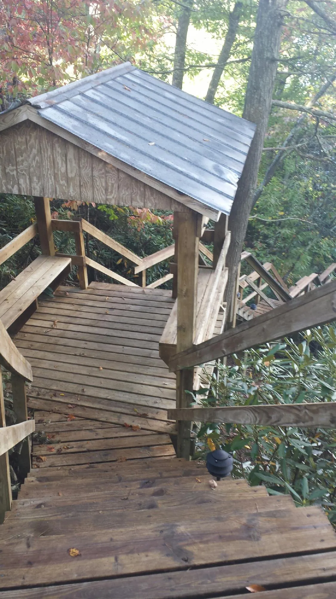 Metal roofed shelter over wooden steps on a wooded walkway — Skylight Repair & Installation work by our crew in Asheboro